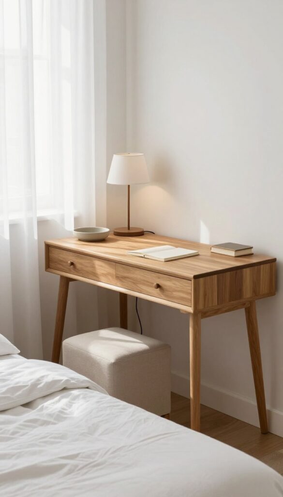 Small bright bedroom with a narrow wooden desk doubling as a nightstand beside the bed, styled with a lamp, tray, and compact stool in soft natural light.