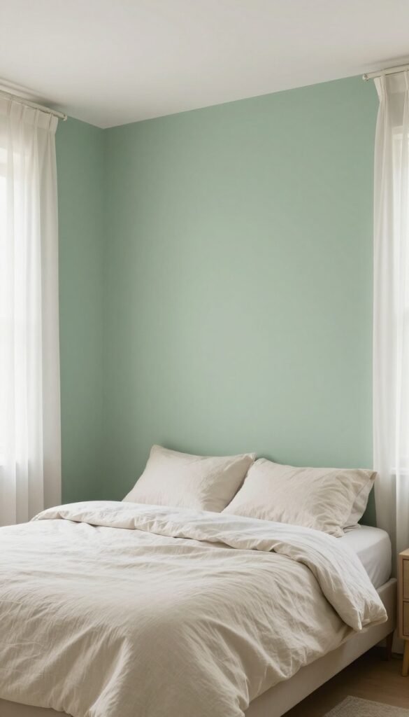 Bedroom with a soft sage green accent wall behind a bed dressed in neutral bedding, lit by gentle natural light