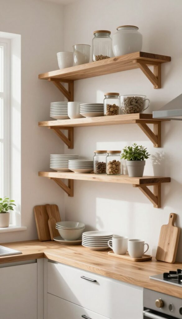 Warm white open kitchen shelves with oak wood brackets holding stacked plates, glass jars, mugs, and a small plant in a bright, cozy kitchen.