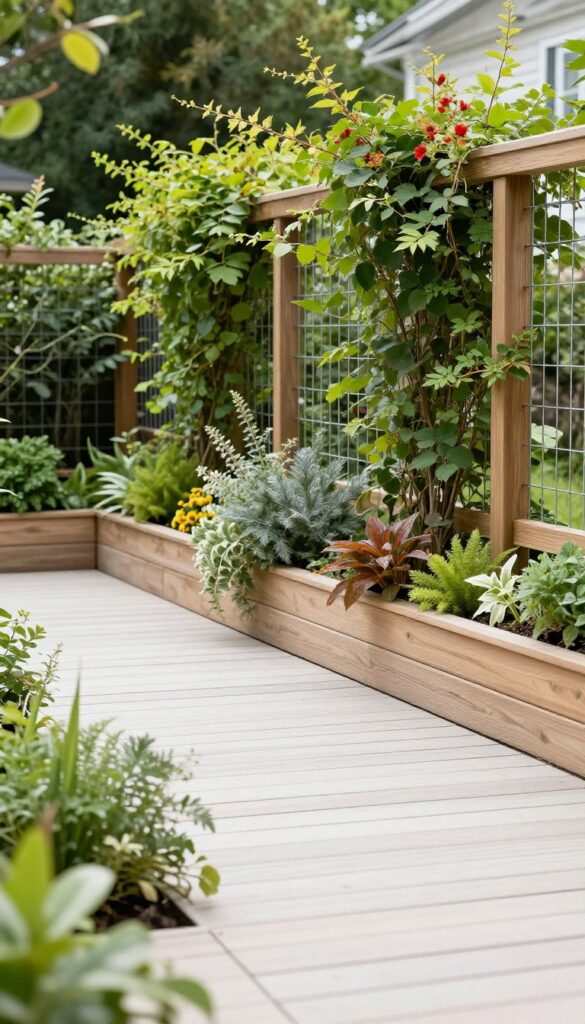Deck with living plant wall skirting made of climbing vines and flowering plants growing on trellis panels beneath the deck, blending into a bright garden