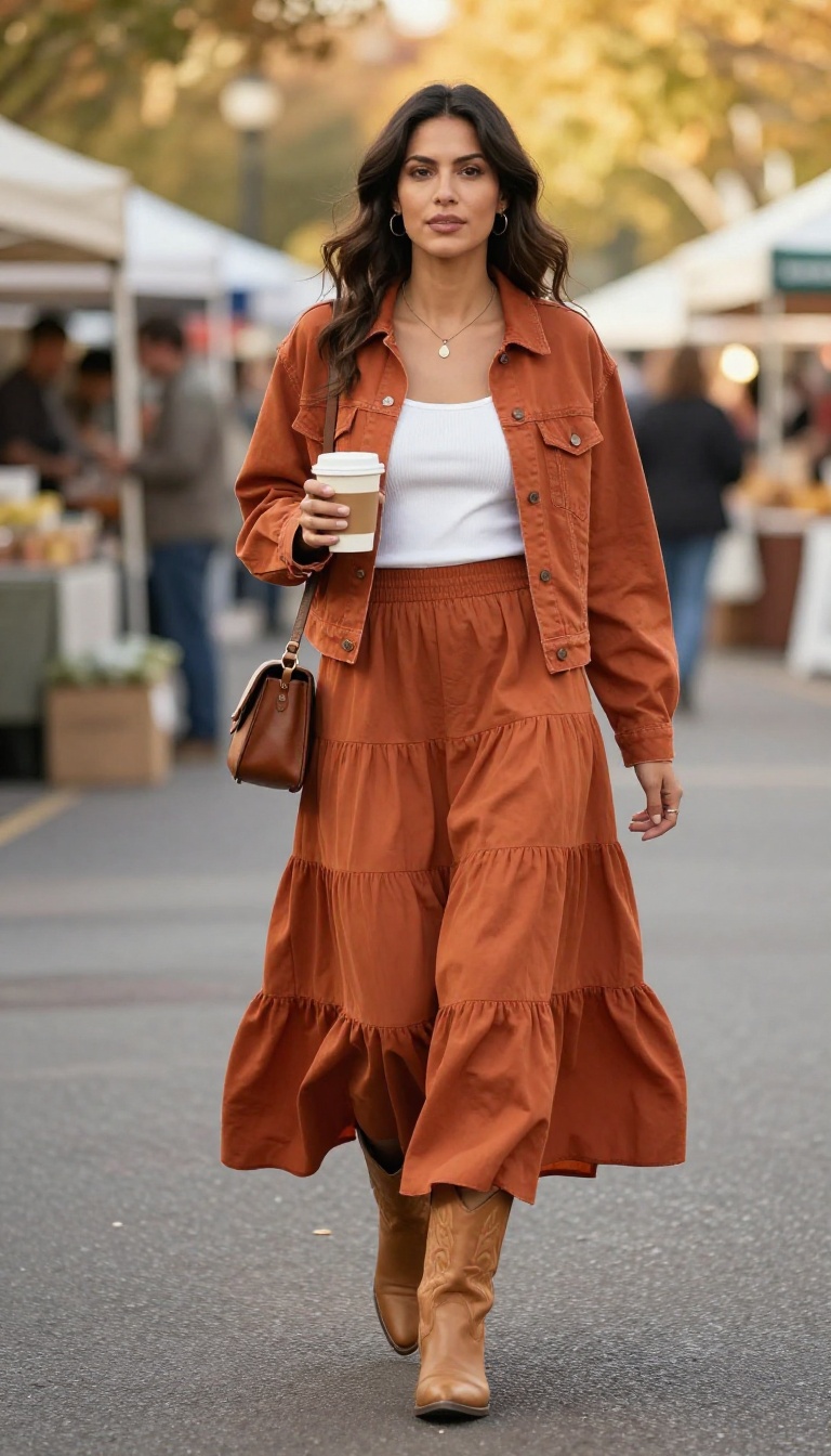 9. Boho Layering: Tiered Skirt and Denim Jacket