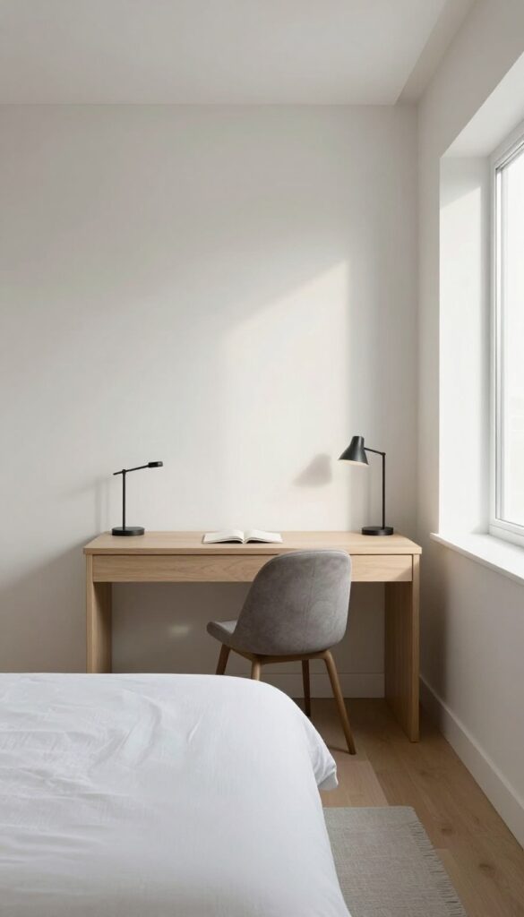 A narrow desk placed at the foot of a bed in a long, narrow bedroom, with a low-profile chair and minimal accessories, bathed in bright natural light.