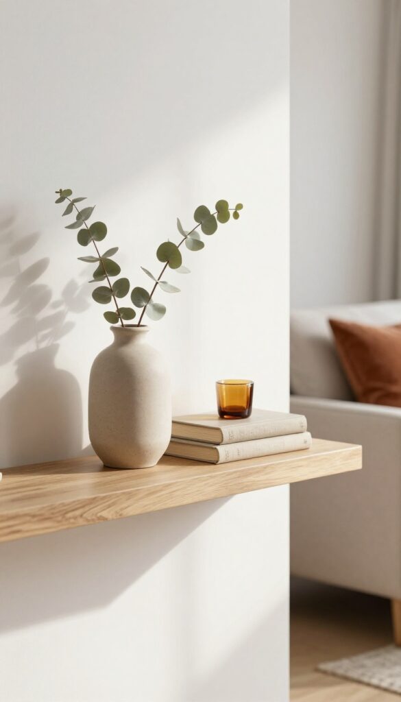 A bright living room shelf styled with a neutral ceramic vase, dried eucalyptus, muted linen books, and a small amber glass object in warm autumn tones, lit by soft natural light.