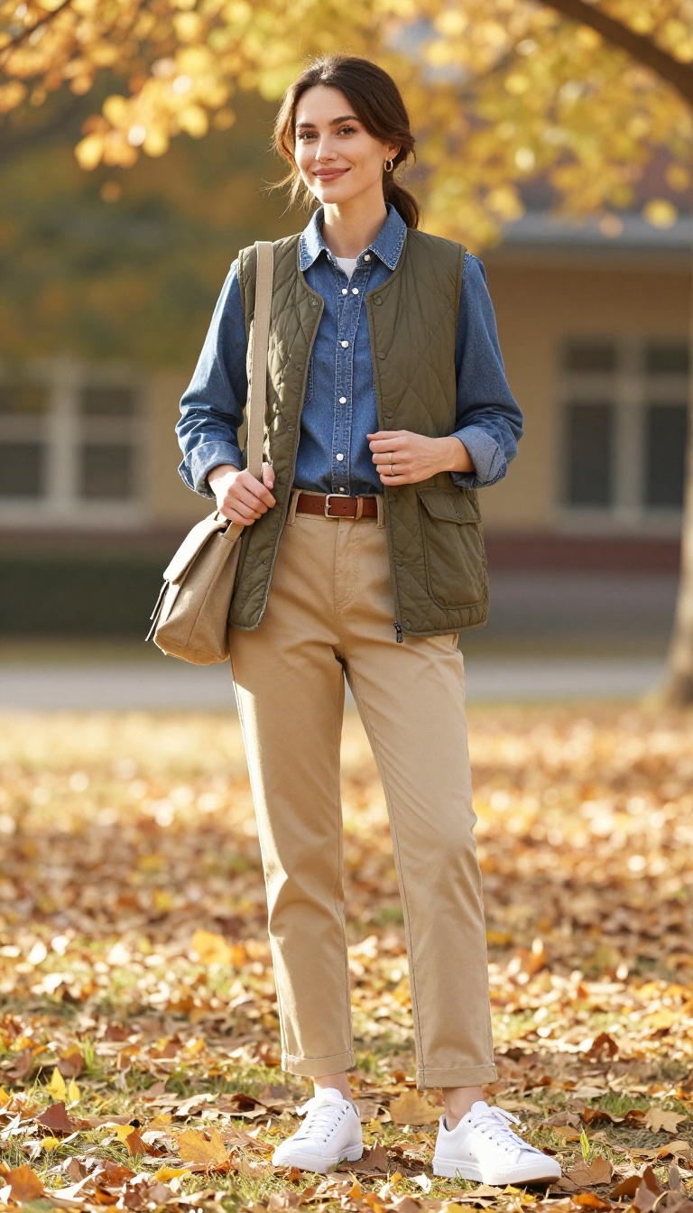 9. Khaki Chinos with a Denim Shirt and Quilted Vest