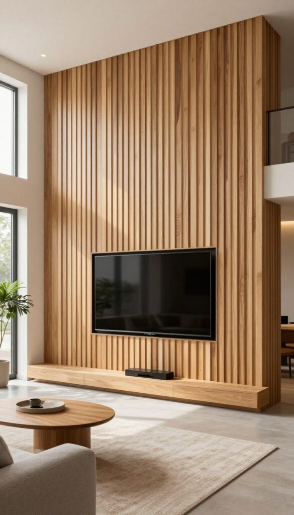 Modern living room with a floor-to-ceiling vertical wood slat panel wall and a large flat-screen TV mounted flush against it, styled with a minimalist sofa and warm natural light