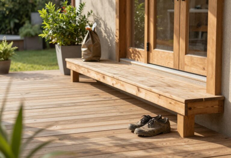 Bright front entrance wood deck with built-in bench seating and a clear walkway to the front door