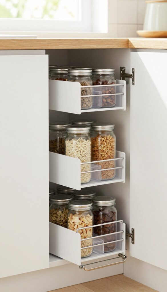 Narrow pull-out pantry rack extended from a slim gap between white kitchen cabinets, holding clear spice jars and small storage containers in bright natural light