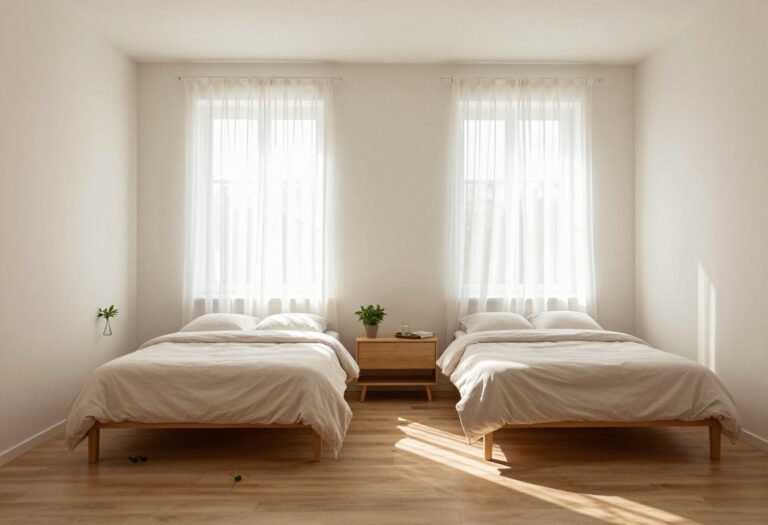 Bright shared bedroom with two matching nightstands on either side of a neatly made bed, styled for two people