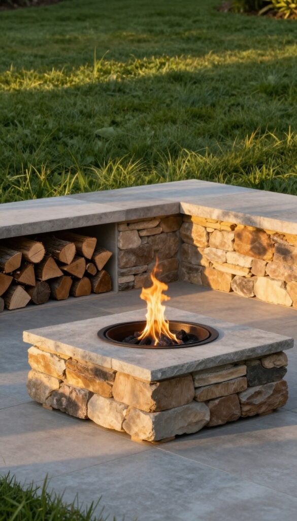 A raised stone fire pit with a built-in wood storage base holding neatly stacked logs, glowing warmly in a backyard at golden hour.