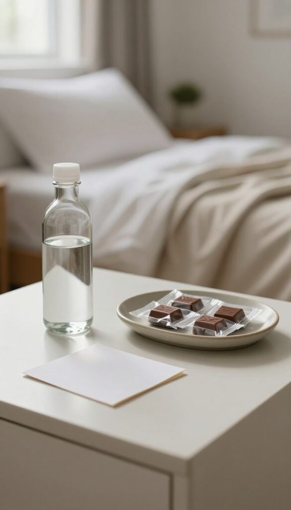Bright guest bedroom nightstand styled with a blank note card, bottled water, and wrapped chocolates in natural light