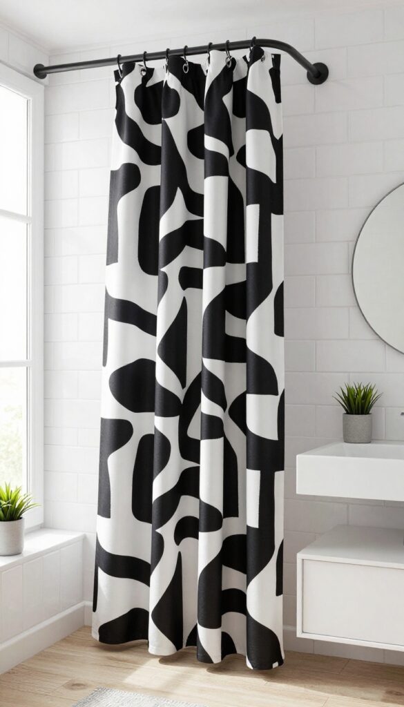 Bright modern bathroom featuring a black-and-white geometric patterned shower curtain on matte black hardware, with white tile, natural light, and minimal decor.