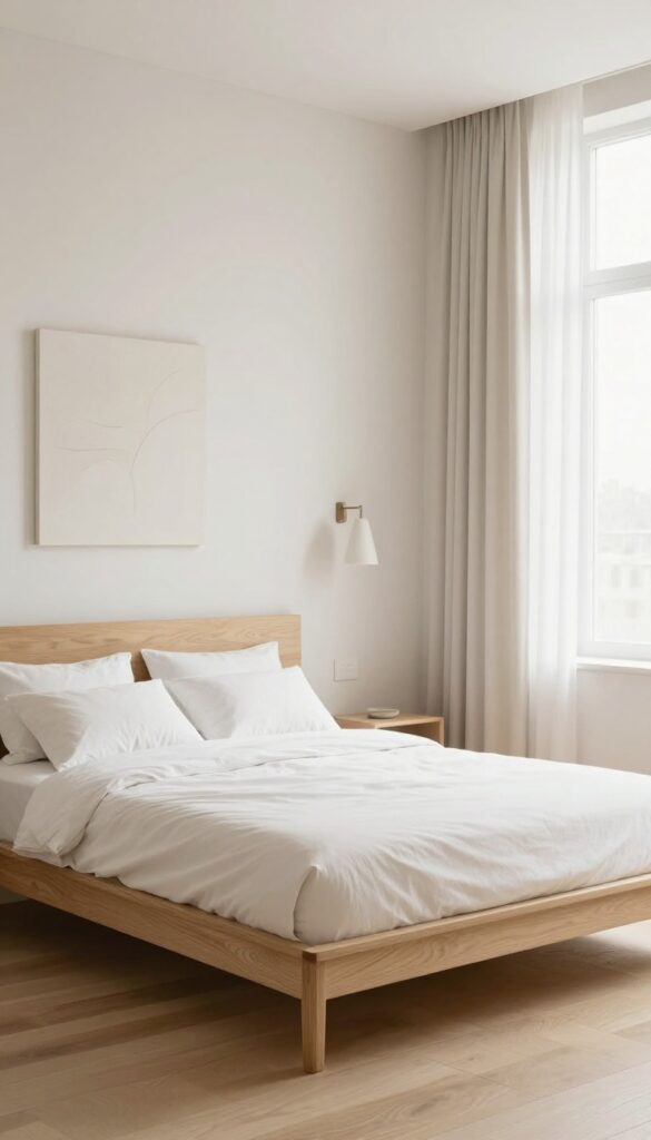 Minimalist light wood platform bed frame with low profile and clean lines in a bright, airy bedroom with neutral bedding and simple decor.