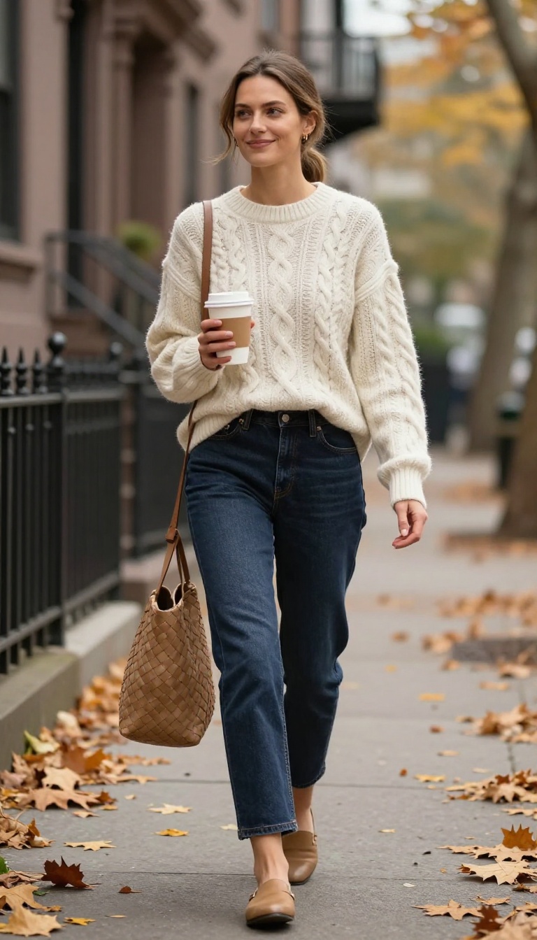7. Cropped Jeans with a Cable-Knit Sweater and Mules