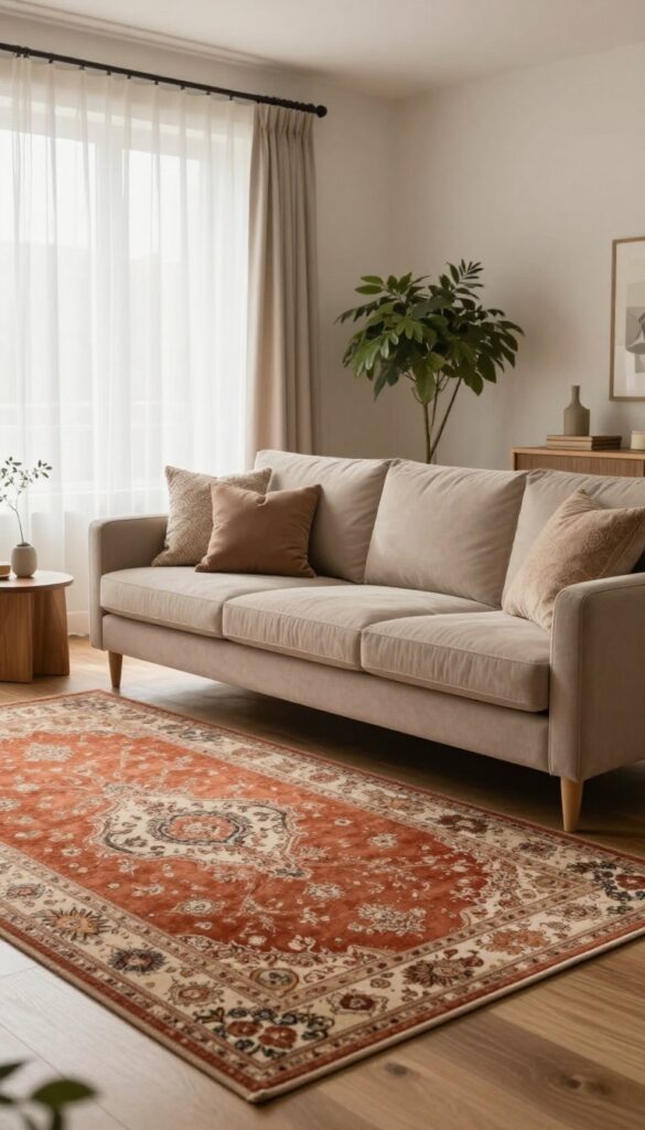 Elegant living room with a taupe sofa grounded by a large vintage-style faded area rug in warm terracotta and cream tones, bright natural light, clean Pinterest-friendly styling