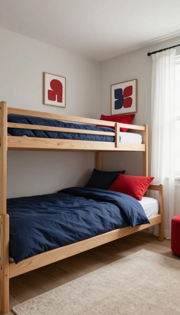 Bright boys' bedroom with a twin-over-twin bunk bed styled in navy blue and muted red, matching bedding, textured pillows, neutral walls, and natural light.