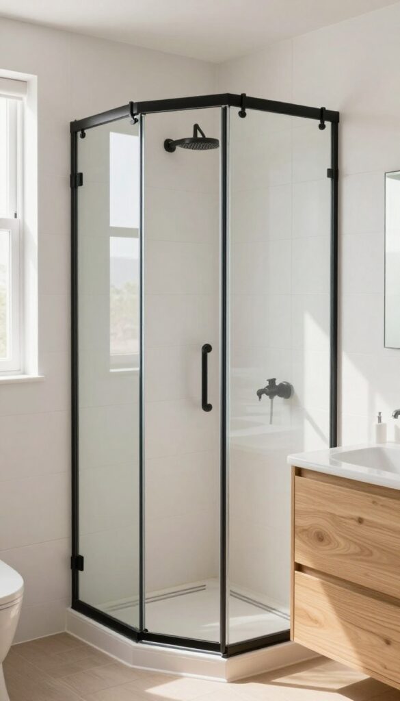 Corner shower with sliding glass doors and matte black track in a small bright bathroom