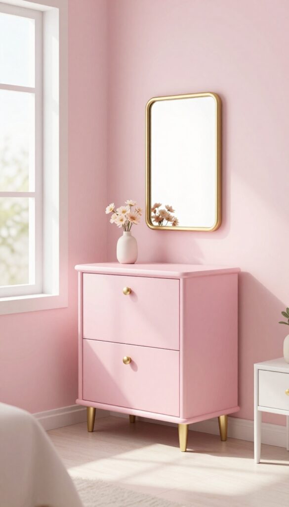 Blush pink nightstand with brushed gold knobs and a gold-framed mirror in a bright pink princess bedroom with neutral surrounding furniture and soft natural light