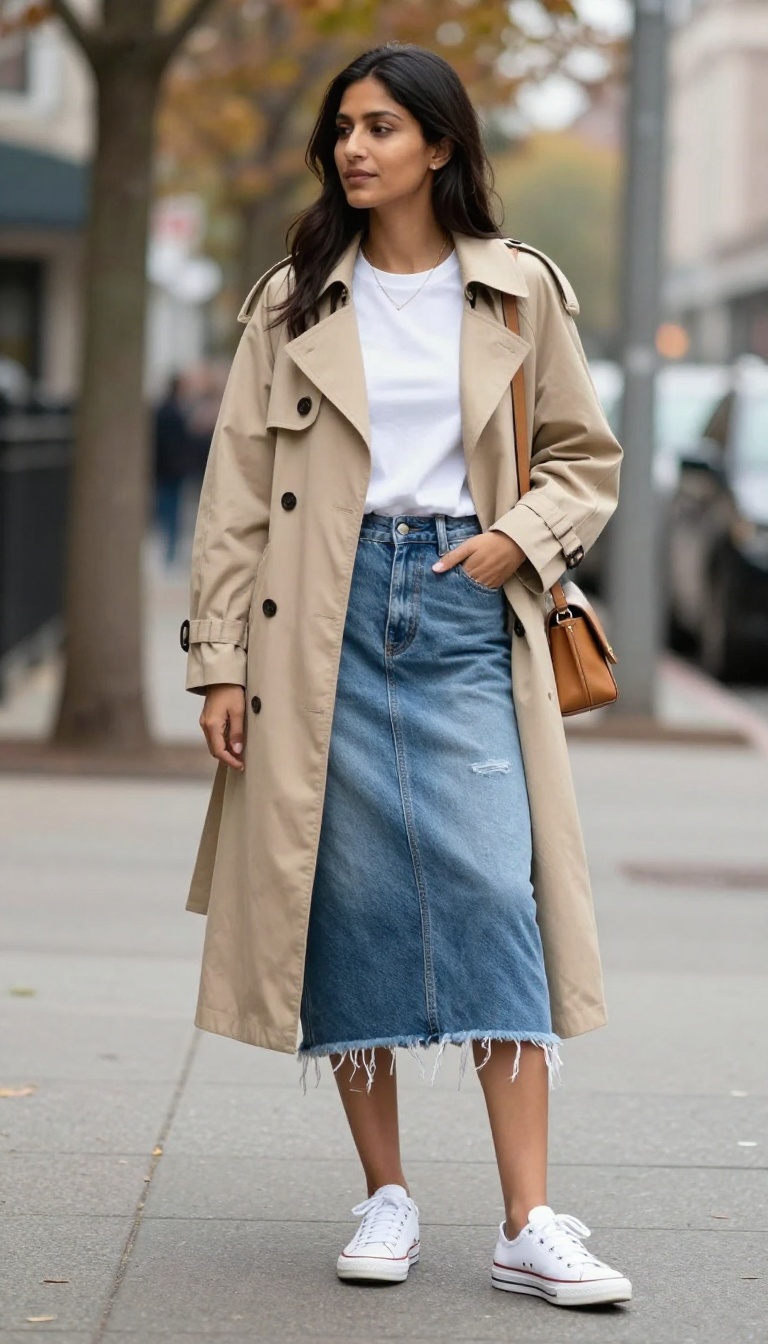4. Distressed Denim Skirt with a Trench Coat and Sneakers
