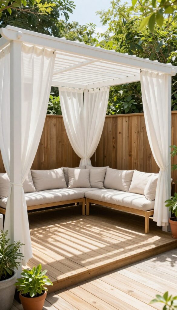 Small backyard with a low wooden deck covered by a slim white pergola, with sheer white curtains and potted plants creating a private outdoor room.