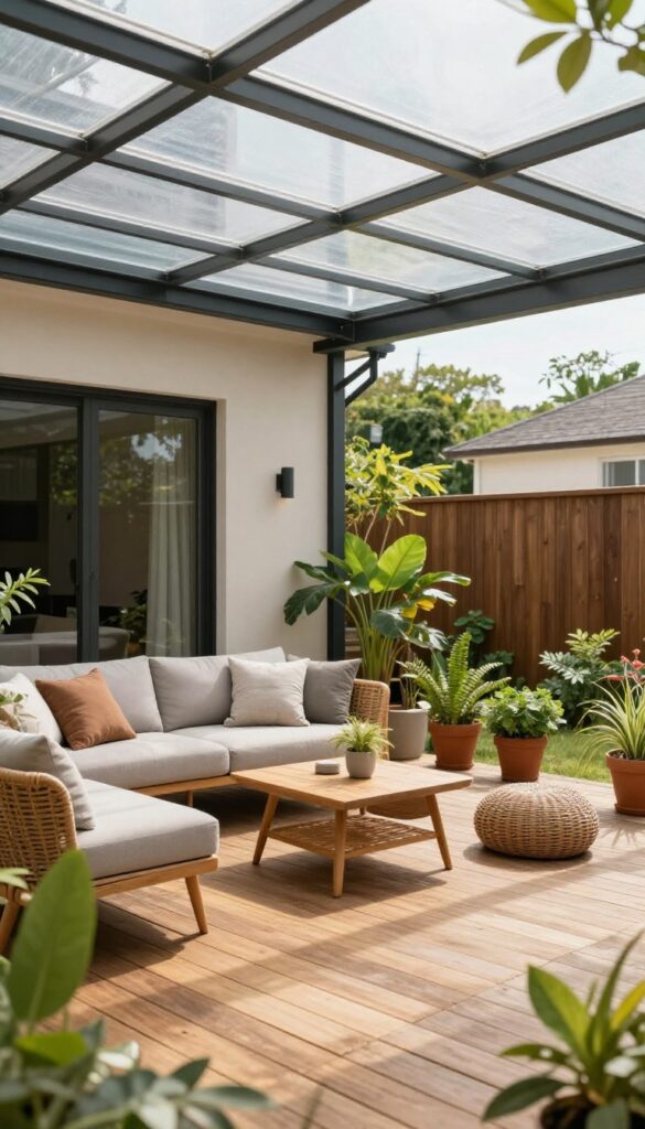 Bright backyard deck with a clear polycarbonate roof letting natural light through onto patio furniture