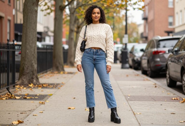 Woman wearing low-rise flared jeans, cropped cream sweater, and platform boots for a cozy Y2K autumn outfit.