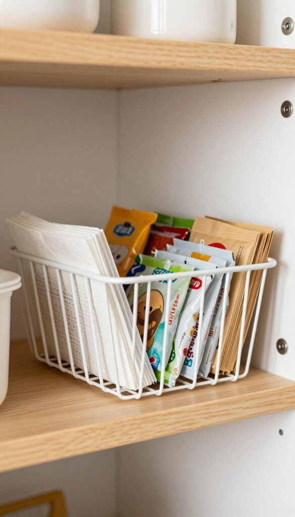 White wire under-shelf hanging basket in a bright kitchen cabinet holding tea bags and small snacks