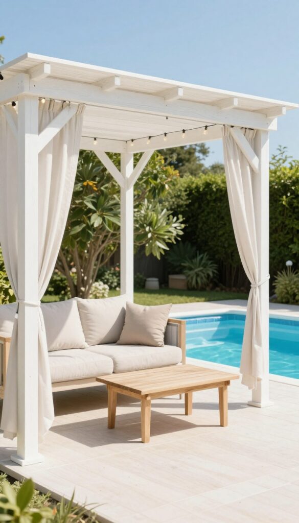Small budget-friendly above ground pool deck corner with a white DIY wooden pergola casting shade over an outdoor seating area with cushions, curtains, and string lights.