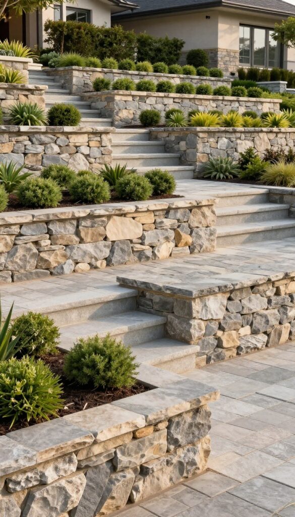 Tiered natural stone retaining walls creating layered planting beds on a sloped front yard with a curved path leading to the house