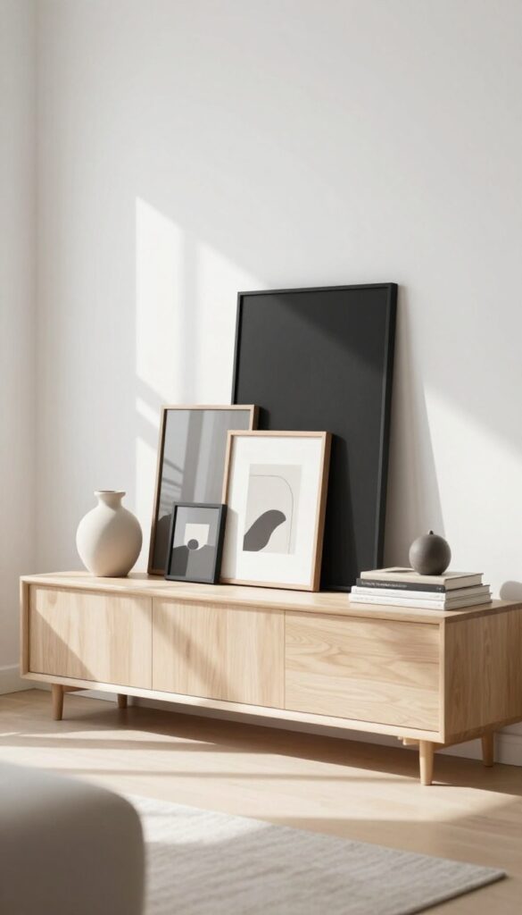 Layered framed art prints leaning on a bright living room shelf with small decor objects, styled in neutral tones under natural light.