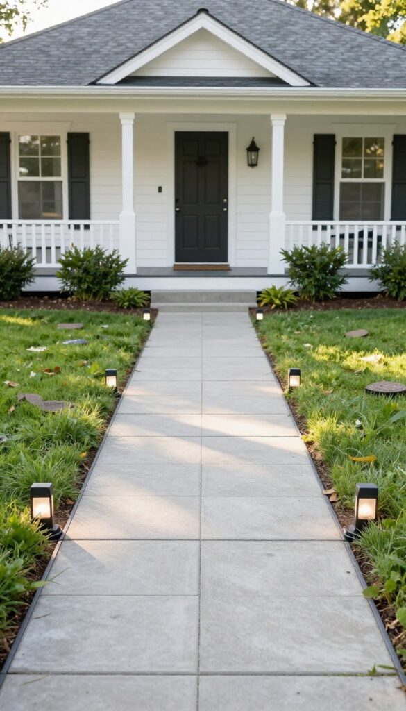 A neat concrete paver walkway with crisp edging and low plants leading directly to the front door of a bright traditional home, surrounded by healthy green lawn.