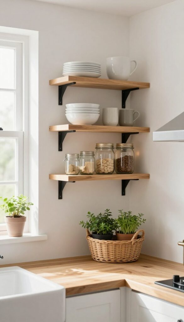 Bright farmhouse kitchen with open wooden floating shelves holding white plates, mugs, and glass jars of pantry staples, styled with small rustic decor and warm under-shelf lighting.