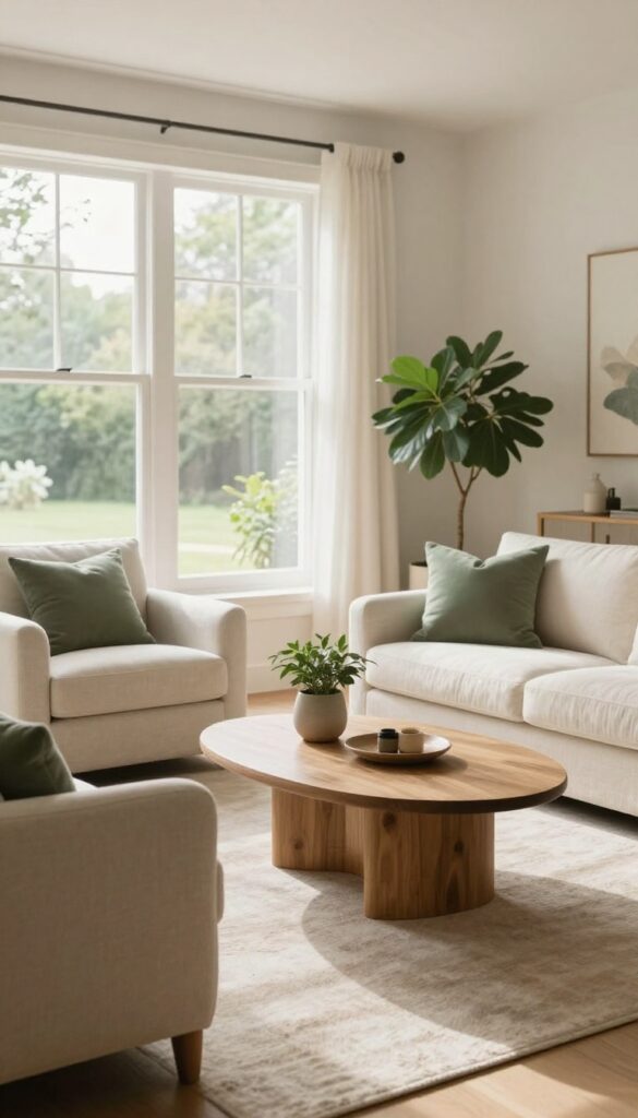 Bright living room with a curved armchair and sofa angled toward each other around a round coffee table, arranged for easy conversation