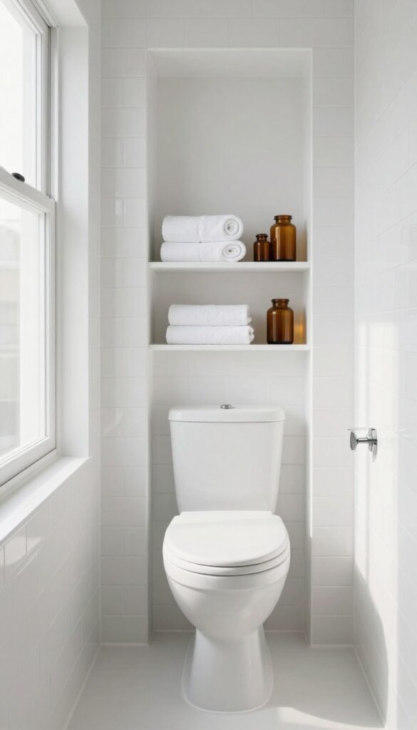 Recessed wall niche storage with neatly rolled towels in a small bright bathroom behind a toilet