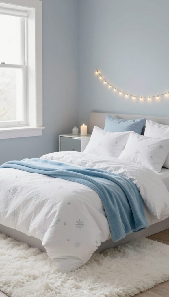 Cozy Frozen-inspired kids bedroom with light gray-blue walls, white snowflake bedding, plush blue throws, a fluffy rug, mirrored accents, and warm fairy lights glowing in bright natural light.