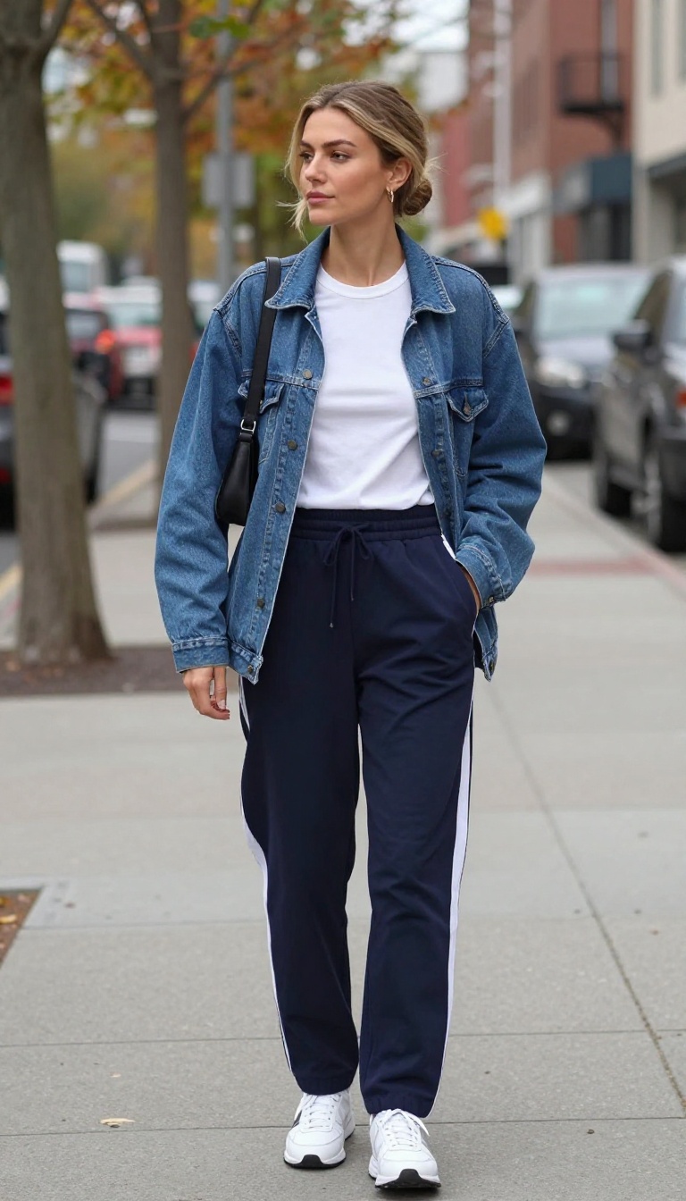 9. Track Pants + Fitted Tee + Oversized Denim Jacket + Chunky Trainers