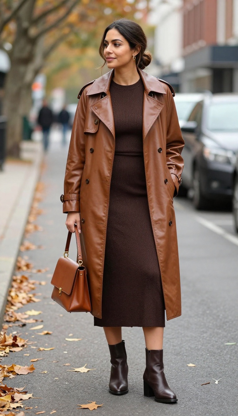 8. Leather Trench Coat Over a Knit Dress