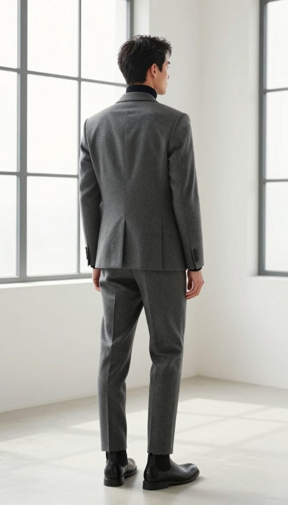 Man in grey suit with black turtleneck and Chelsea boots, standing in a bright minimalist room