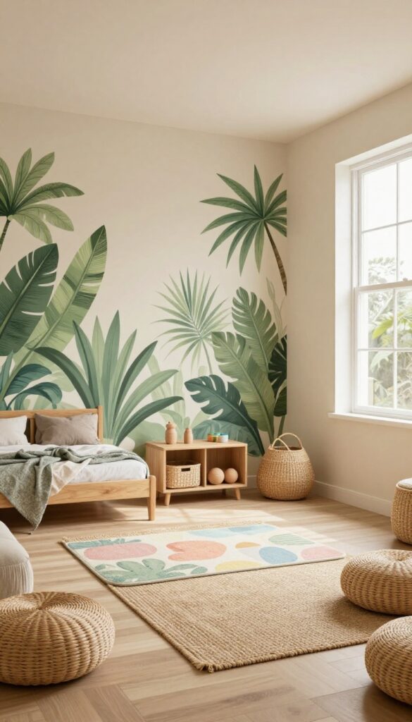 Bright Moana-inspired kids bedroom with sandy beige walls, tropical leaf decals, woven rug, rattan baskets, wooden furniture, and an open play area.