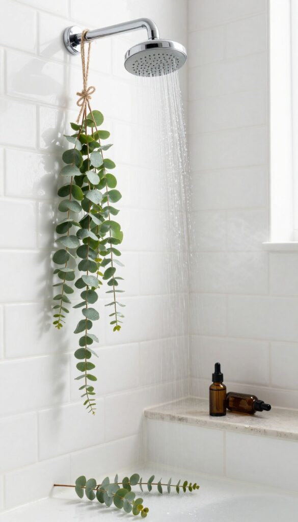 Fresh eucalyptus bundle hanging from a chrome showerhead in a bright tiled spa shower with a small essential oil bottle on a stone ledge and soft steam rising