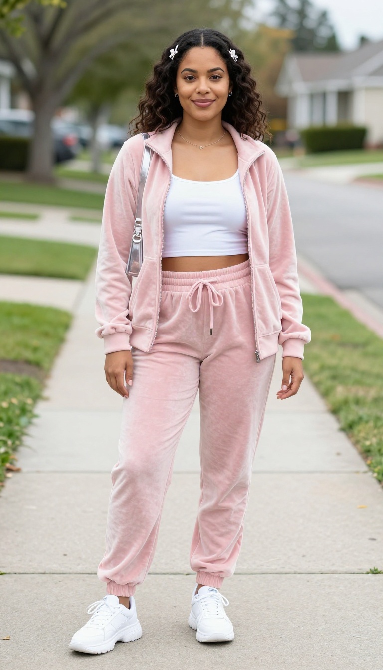 2. Velour Tracksuit + Crop Top + Chunky Sneakers