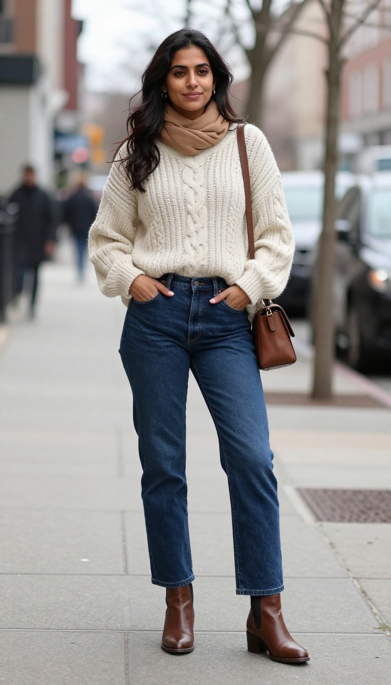 11. Straight Jeans with a Chunky Cable Knit and Ankle Boots