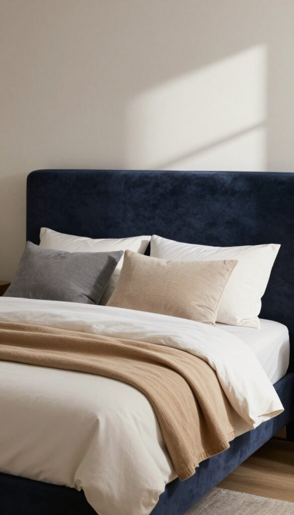A bright bedroom featuring a large dark navy blue velvet upholstered headboard against a light wall, styled with white bedding, a tan throw, and textured pillows in natural daylight.
