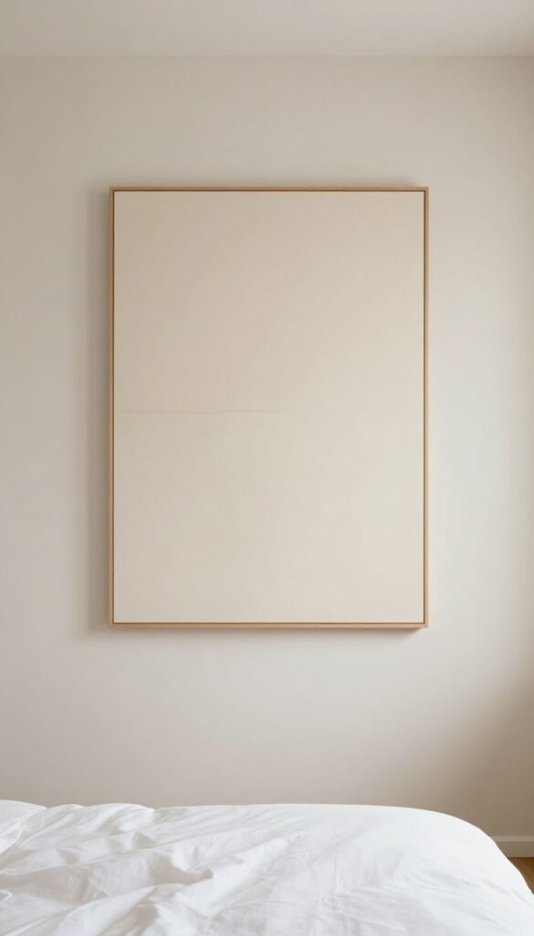 Minimalist windowless bedroom with a single large neutral-toned framed art piece on a light wall and ample blank space, lit by bright soft light