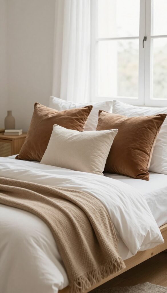 Cozy bedroom bed styled with layered brown throw pillows in mixed textures under bright natural light