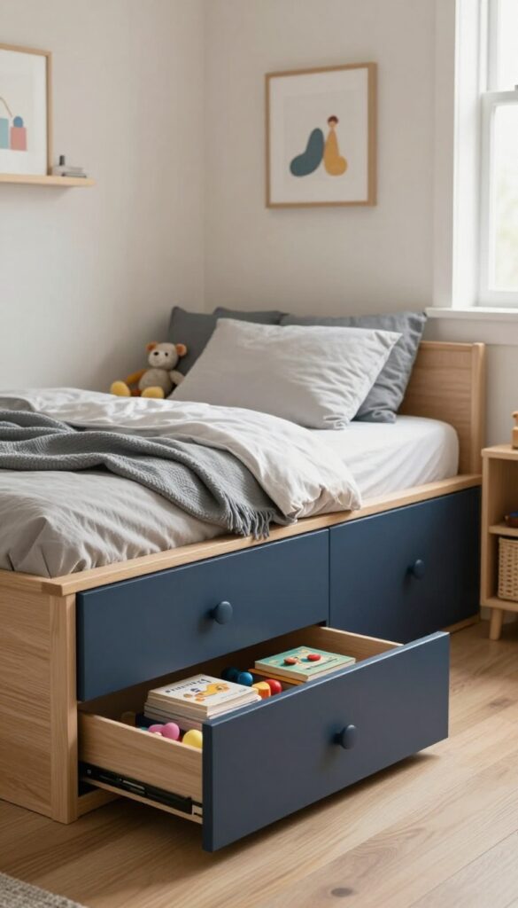 Bright boy's bedroom with a built-in bed featuring deep under-bed storage drawers, neutral wood and matte navy finishes, and neatly organized toys and bedding.