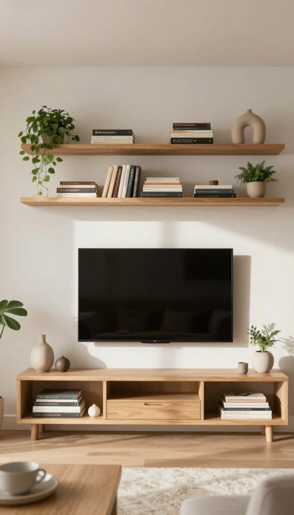 Bright living room wall with a large TV framed by asymmetrical floating wood shelves styled with books, plants, and neutral decor in a warm minimal palette