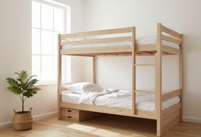 Bright small bedroom with a wall-to-wall built-in double deck bunk bed with under-bed storage drawers and white bedding