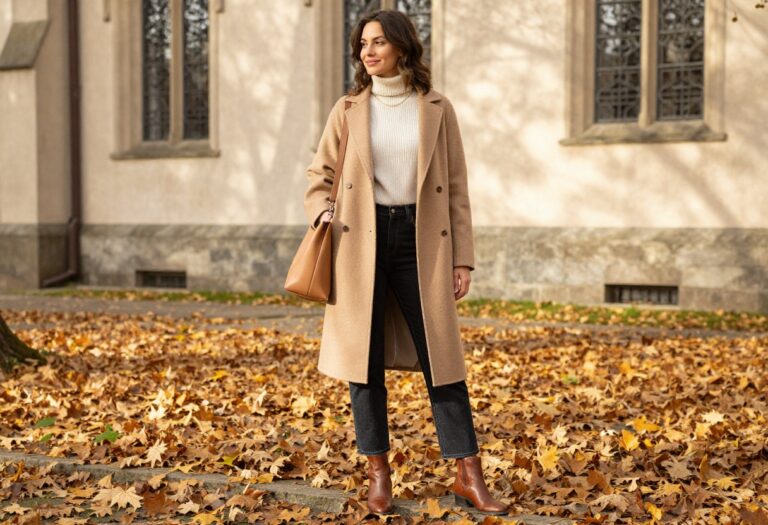 Woman wearing a camel coat, cream turtleneck, and dark jeans standing outside a church on an autumn day.