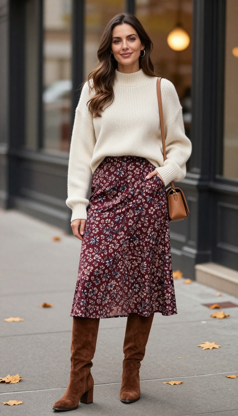7. Floral Skirt with a Cropped Sweater and Knee-High Boots