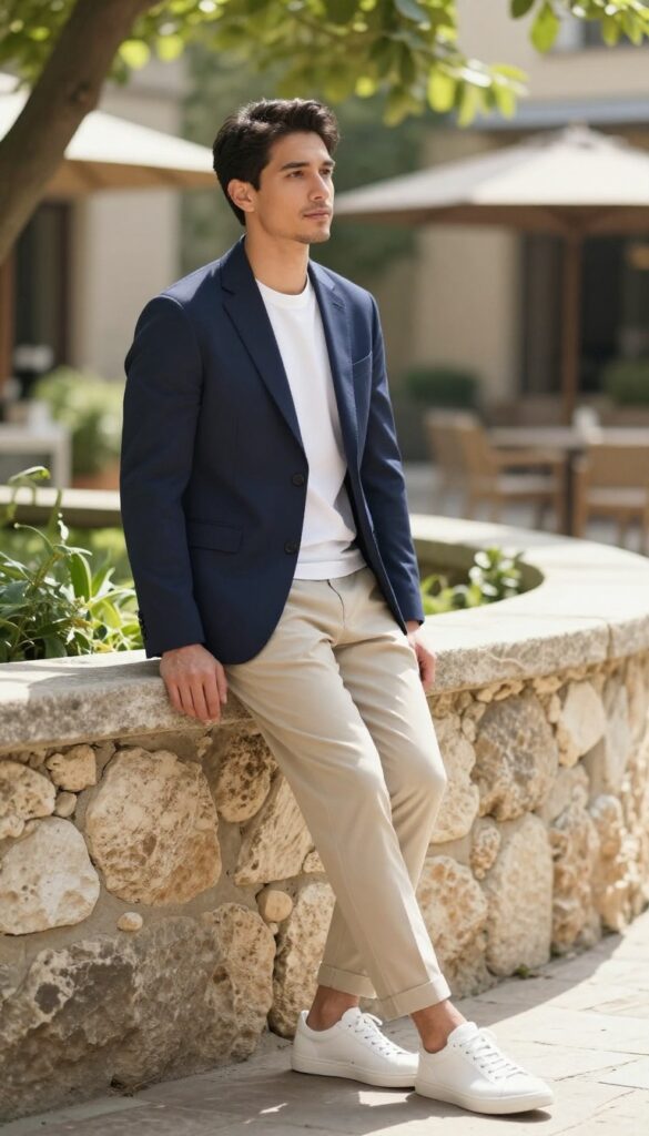 Man in navy blazer, white tee, beige chinos, and white sneakers standing in a sunny courtyard